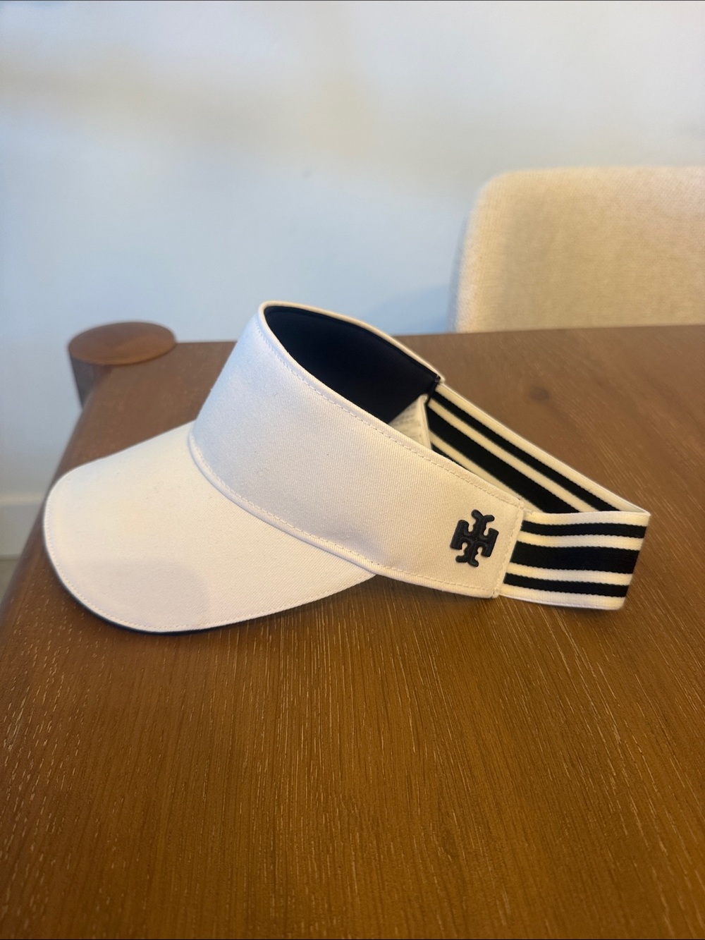 Tory Burch White Visor with navy blue Striped Elastic and Logo